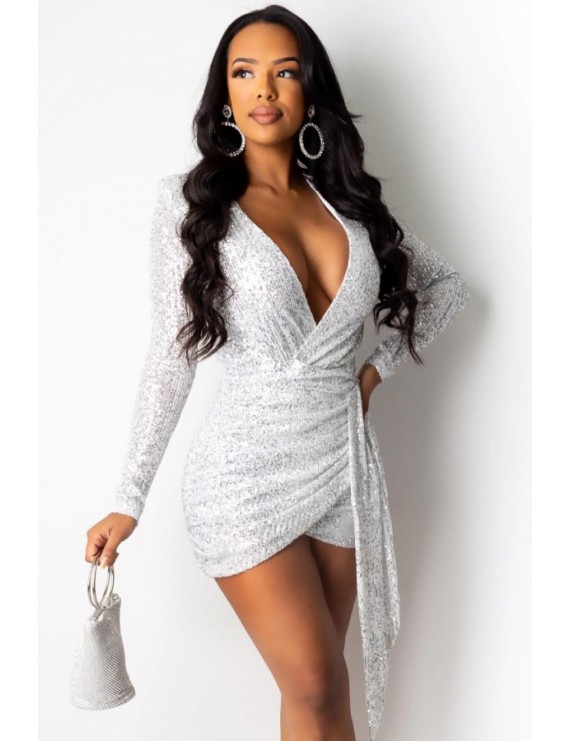Silver Sequin Wrap Plunging Long Sleeve Beautiful Bodycon Dress