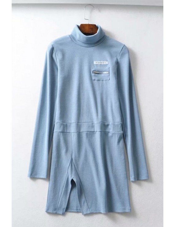 Blue Zipper Decor Split Mock Neck Long Sleeve Casual Mini Dress