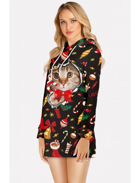 Multi Cat Print Hooded Long Sleeve Christmas Dress