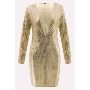 Gold Sequin Plunging Long Sleeve Beautiful Bodycon Dress
