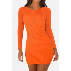 Orange Ribbed Long Sleeve Casual Bodycon Mini Sweater Dress