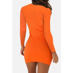 Orange Ribbed Long Sleeve Casual Bodycon Mini Sweater Dress