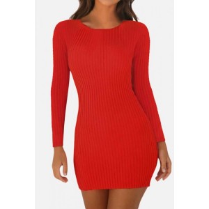 Red Ribbed Long Sleeve Casual Bodycon Mini Sweater Dress