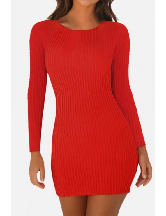 Red Ribbed Long Sleeve Casual Bodycon Mini Sweater Dress