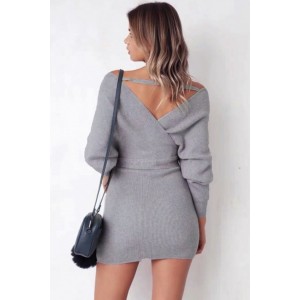 Gray V Neck Wrap Tied Long Sleeve Beautiful Mini Sweater Dress