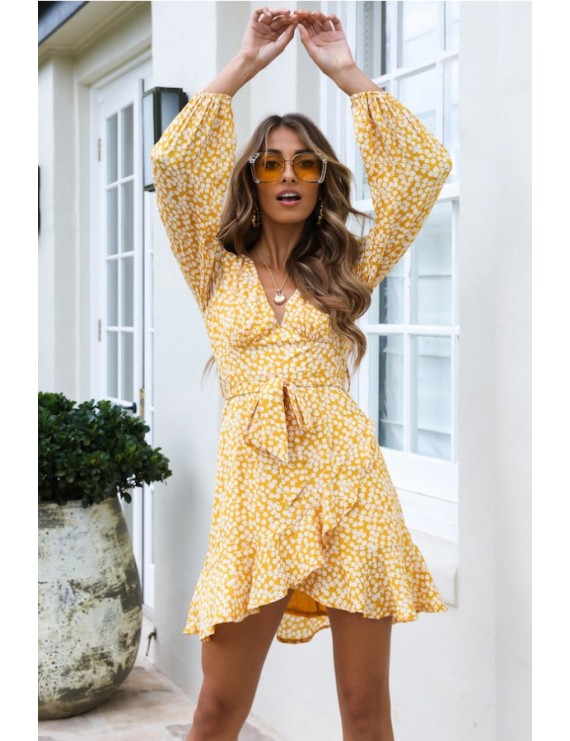 Yellow Floral Print V Neck Tied Wrap Long Sleeve Chic Dress