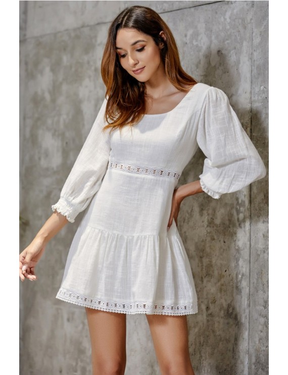 White Hollow Out Square Crisscross Back 3/4 Sleeve Chic Dress