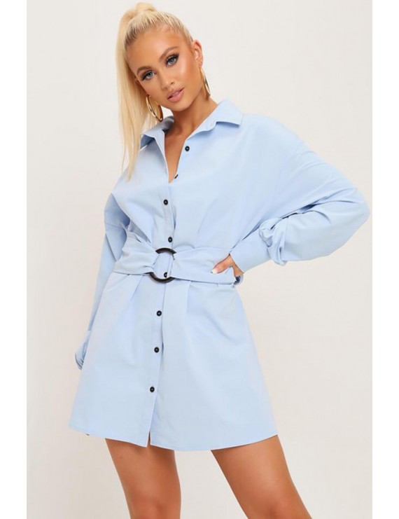 Light-blue Button Up O Ring Lapel Long Sleeve Casual Shirt Dress