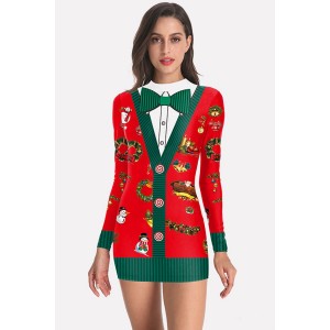 Red 3d Graphic Print Crew Neck Long Sleeve Christmas Dress