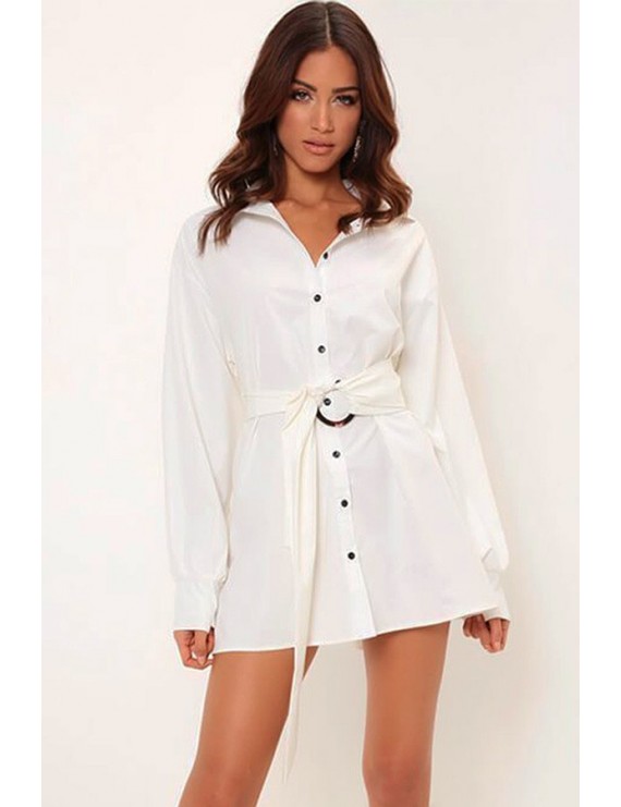 White Button Up O Ring Lapel Long Sleeve Casual Shirt Dress