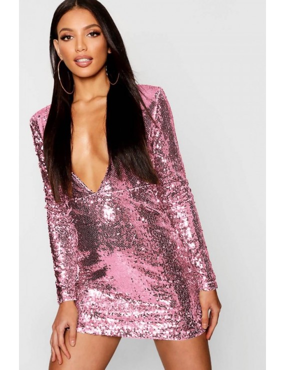 Pink Sequin Plunging Long Sleeve Beautiful Bodycon Dress