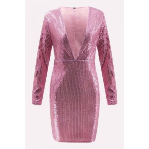 Pink Sequin Plunging Long Sleeve Beautiful Bodycon Dress