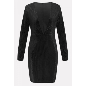 Black Sequin Plunging Long Sleeve Beautiful Bodycon Dress