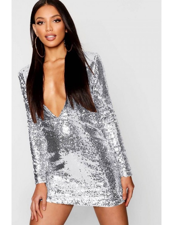 Silver Sequin Plunging Long Sleeve Beautiful Bodycon Dress